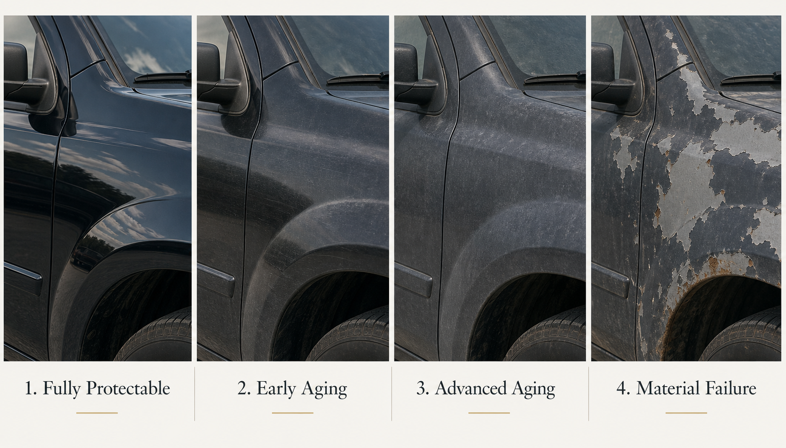 Four stages of fleet exterior deterioration progressing from a preserved finish to oxidation and advanced coating failure.