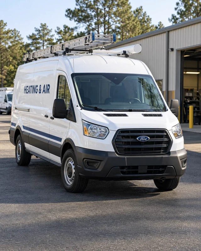 White heating and air service van equipped with roof ladders