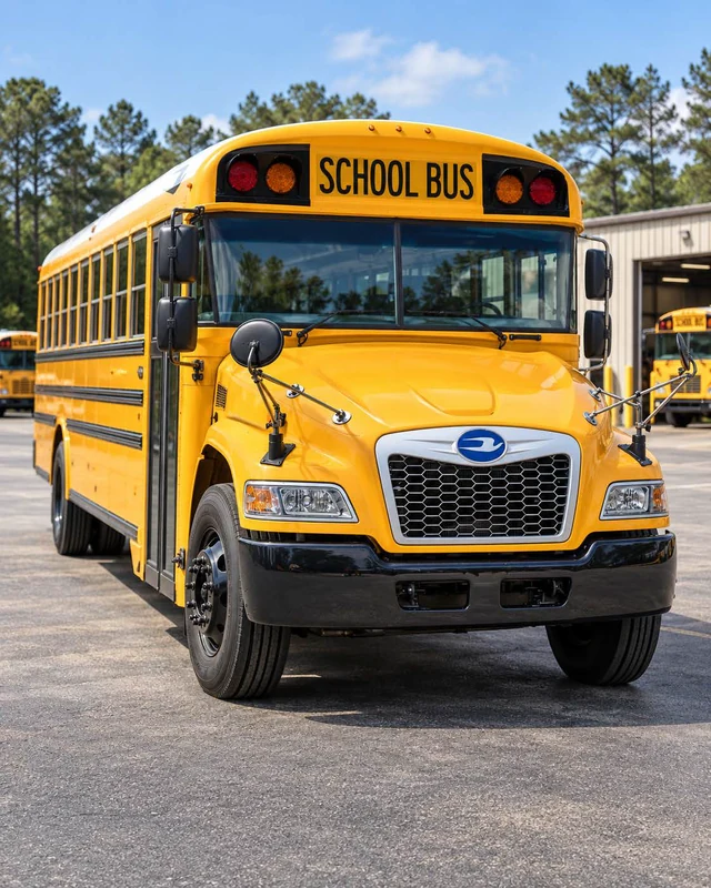 Yellow school bus parked outside a fleet facility