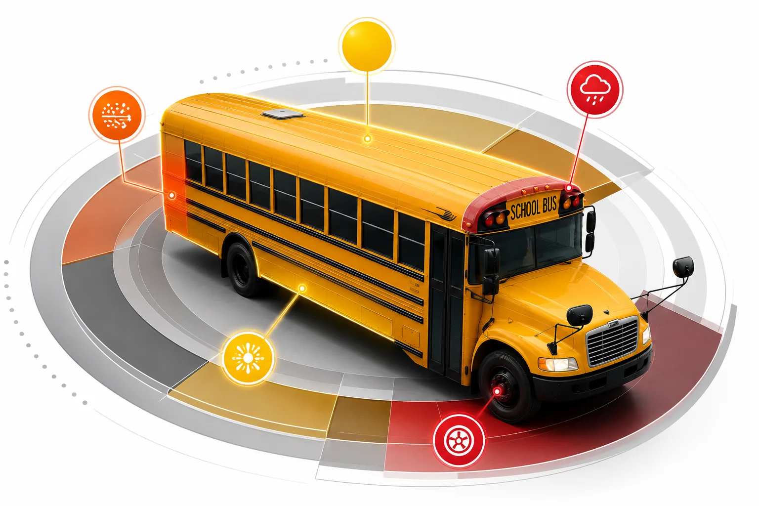 School bus showing key exposure zones: roof solar load, front cap and hood impact, side and lower panel contamination, and wheel-end environmental contact.