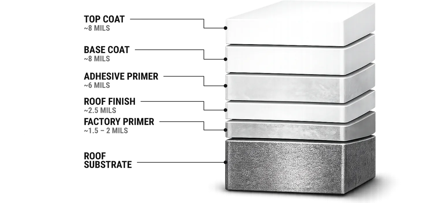 SummitX ceramic roof coating system showing top coat, base coat, adhesive primer, roof finish, factory primer, and roof substrate layers.