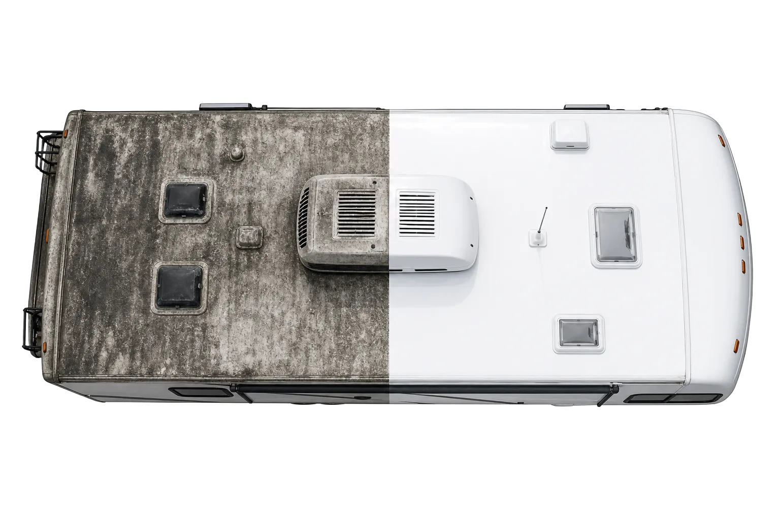 Top-down view of an RV roof split in half: weathered and oxidized on the left, freshly restored bright white ceramic-coated finish on the right