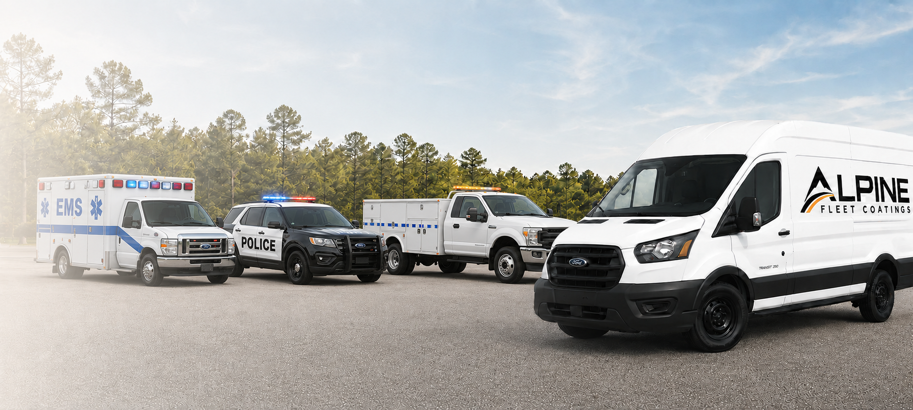 Alpine Fleet Coatings service van with municipal and public sector fleet vehicles