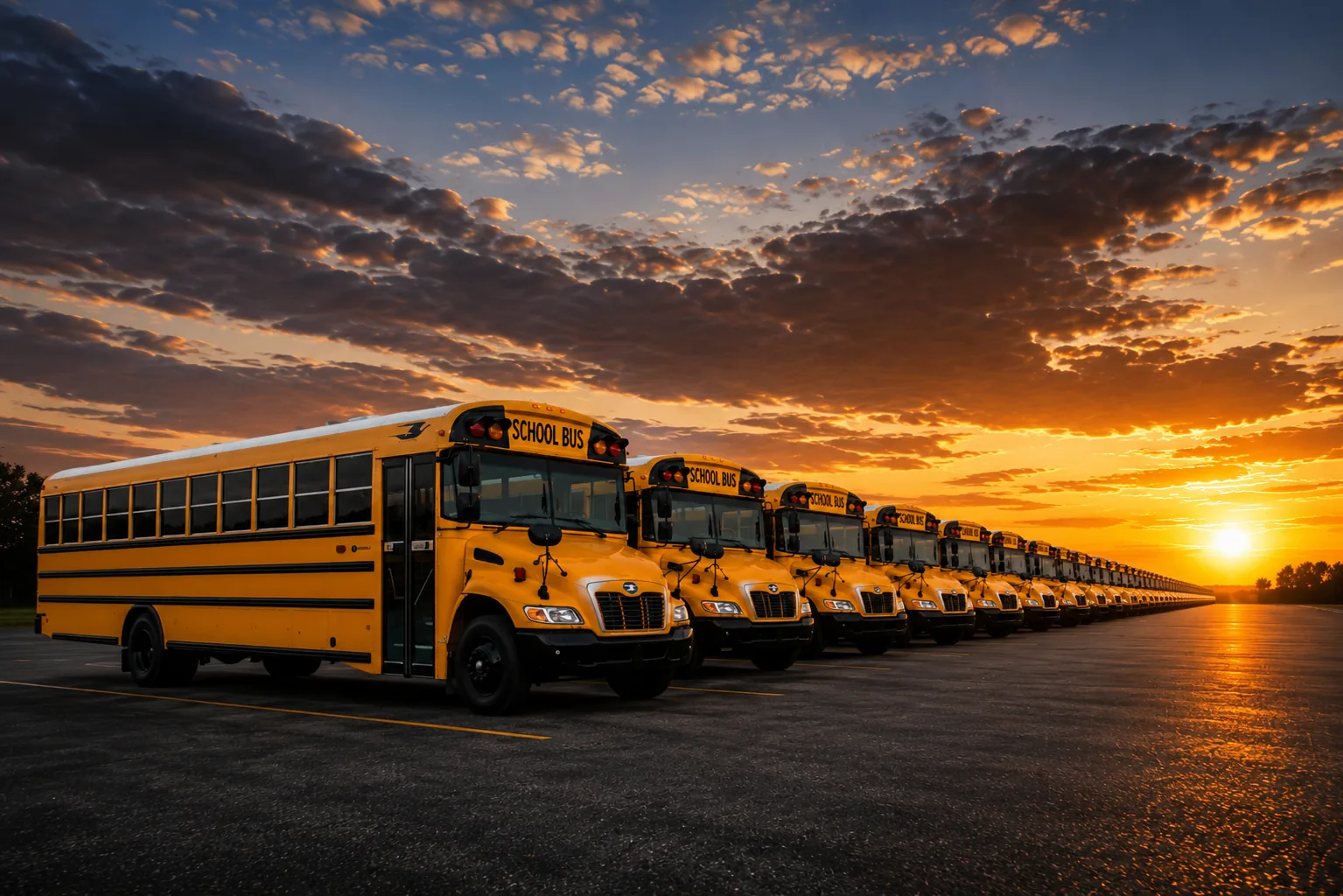 A fleet of professionally maintained school buses staged in formation at sunset.