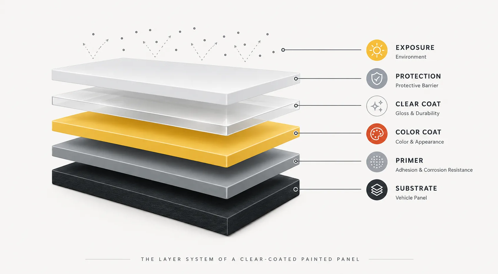 Exploded cross-section of a fleet body panel showing substrate, primer, color coat, clear coat, protection layer, and environmental exposure above the system.