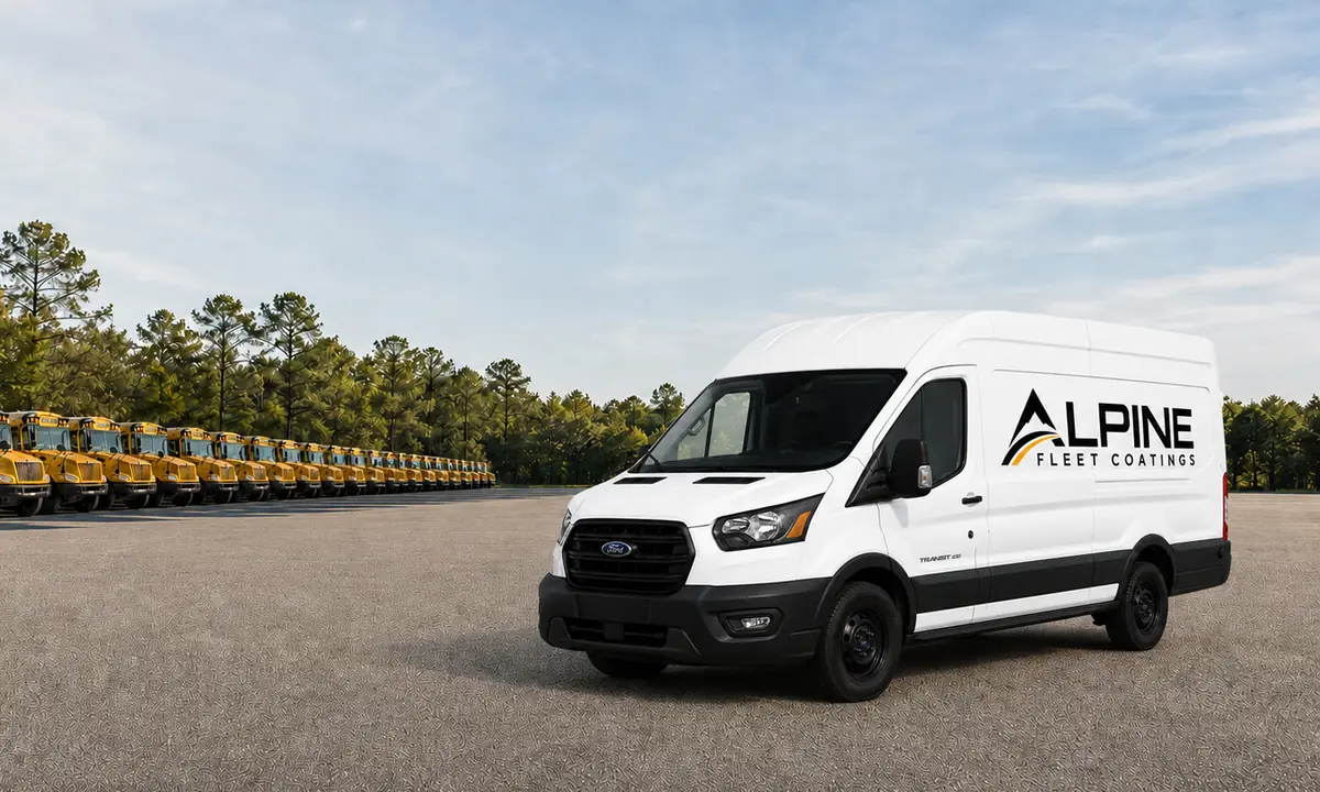 Alpine Fleet Coatings service van at a school bus depot