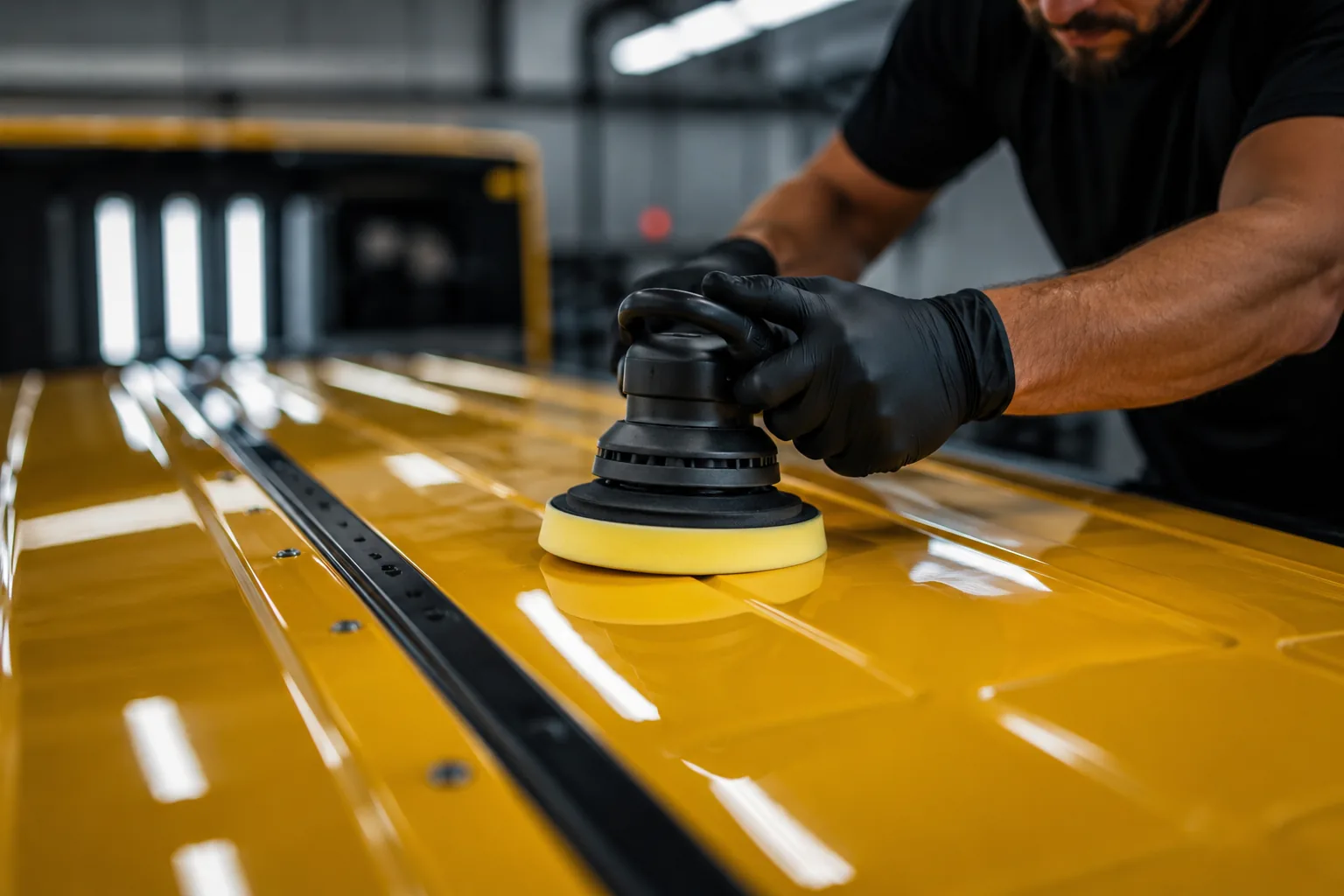 A technician polishing a fleet vehicle surface with a rotary tool in a professional shop environment.
