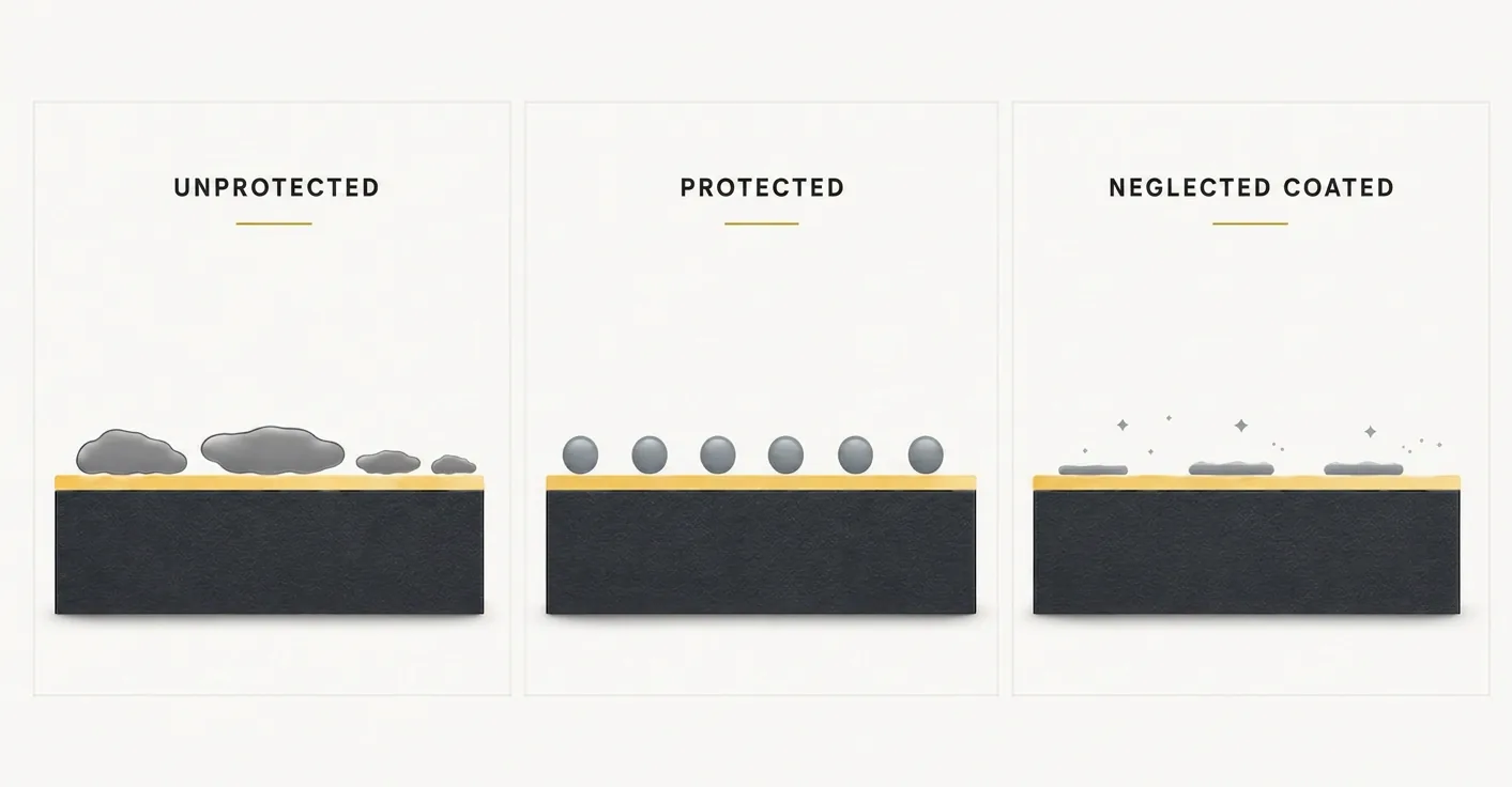 Three-panel comparison showing unprotected paint with contamination buildup, ceramic-protected paint with reduced contamination contact, and a neglected coated finish with mineral deposits and residue.